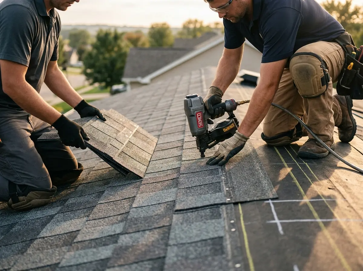Professional roofer working on a residential roof in McDonough